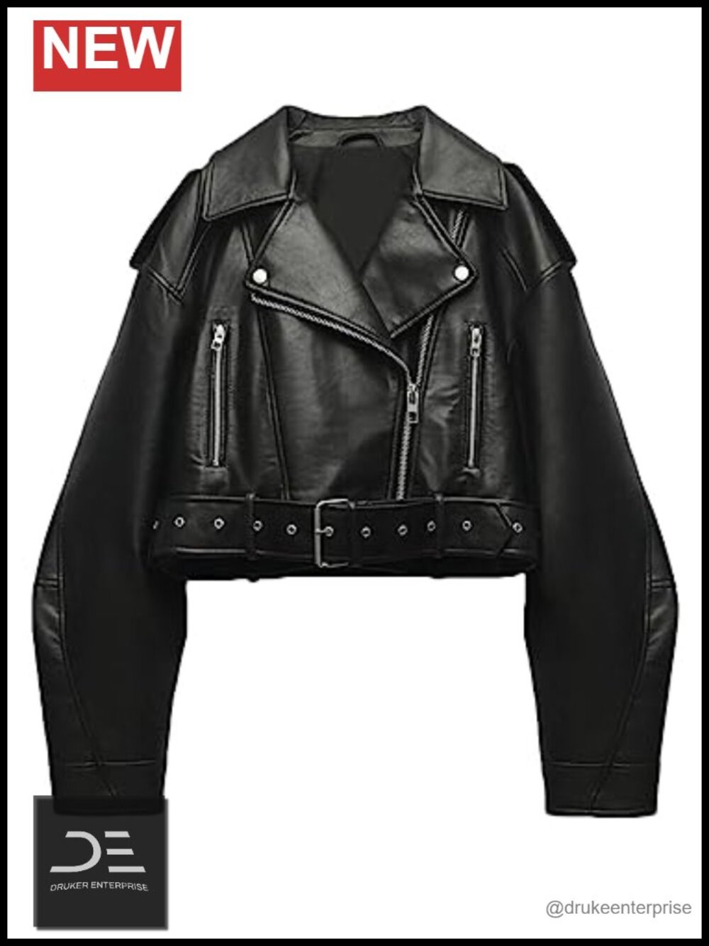 Faux Leather Cropped Moto Jacket with Belt Zip Biker Coat